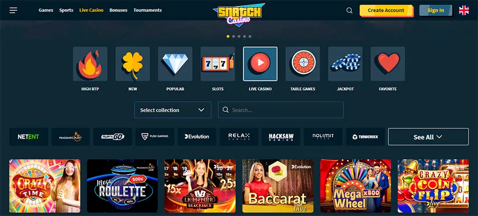 Snatch Casino spelkategorier design