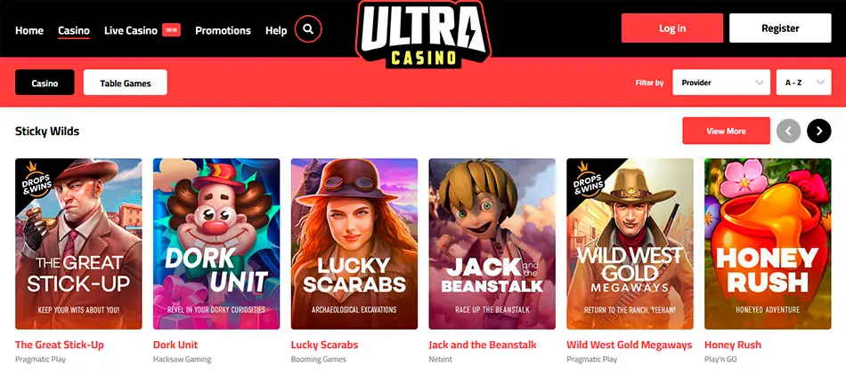 Ultra Casino casinospel kategorier